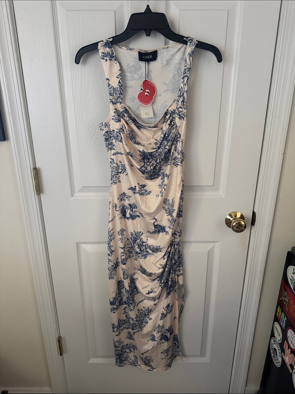 Cider Blue & Cream Toile Print Sleeveless Cowl Midi Dress NEW WITH TAGS
